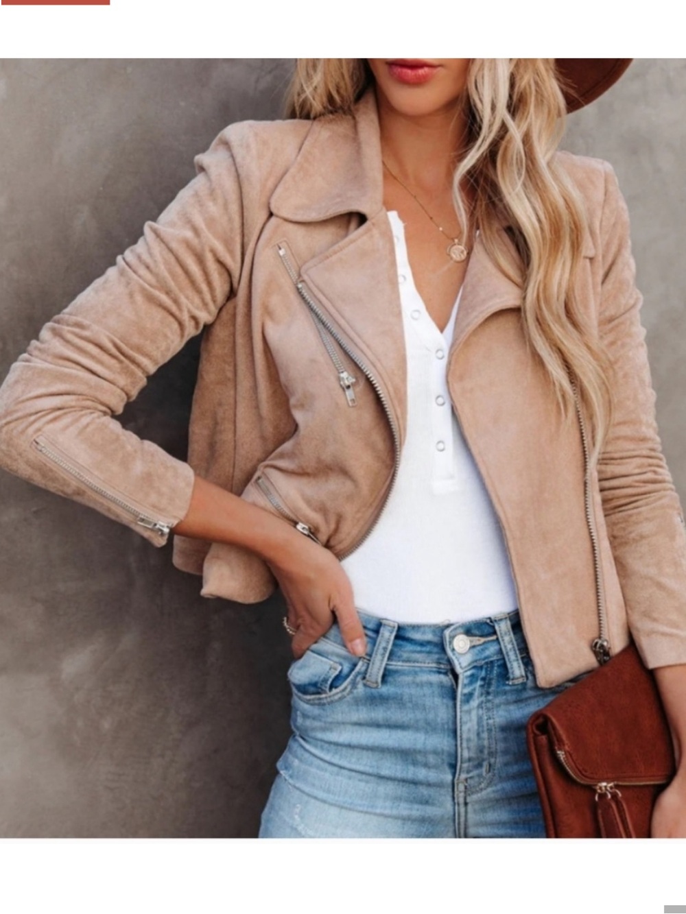 VICI Women’s Beige Faux Suede Biker Moto Jacket Full Zip Slim Fit Size S